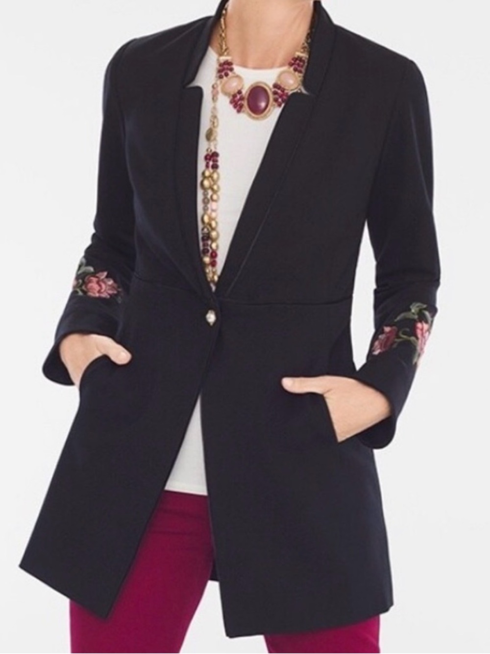 Chico's Black Floral Embroidered Ponte Longline Blazer Jacket Office Work 20 22